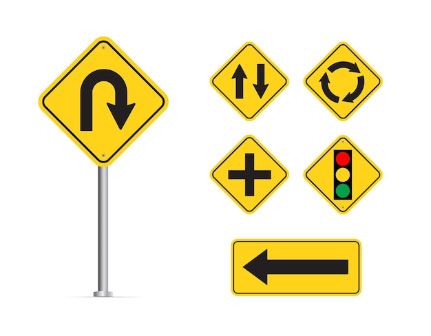 Set of traffic sign isolated on white background yellow road signs vector illustration