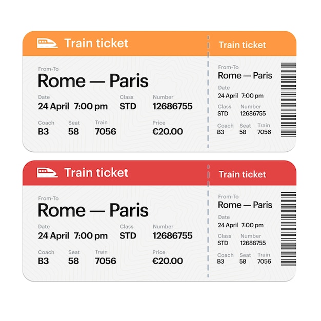 Set of the train boarding pass tickets