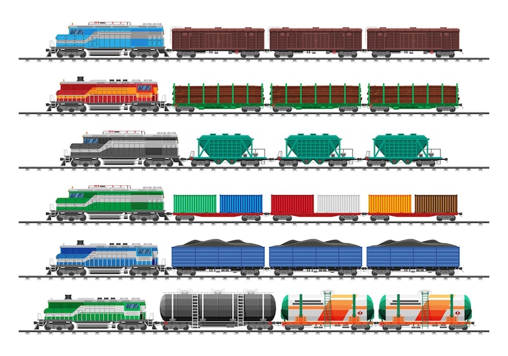 Vector set of train cargo wagons cisterns tanks and cars railroad freight collection flatcar boxcar car carriage industrial carriages side view cargo rail transportation flat vector illustration