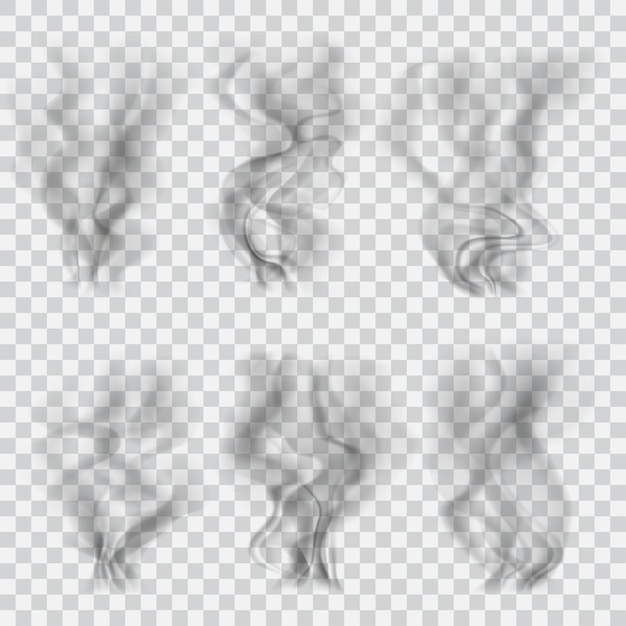 Vector set of translucent black smoke on transparent.