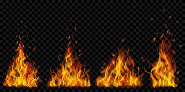 Vector set of translucent burning campfires of flames and sparks on transparent background. for used on dark illustrations. transparency only in vector format