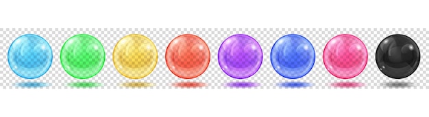 Set of translucent colored spheres with glares and shadows on transparent background. Transparency only in vector format