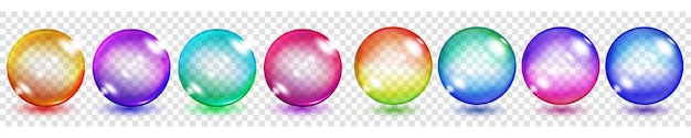 Vector set of translucent colored spheres with glares and shadows on transparent background. transparency only in vector format