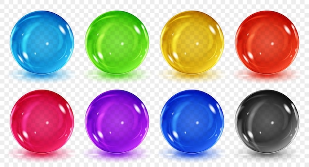 Set of translucent colored spheres with shadows on transparent background