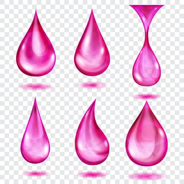 Set of translucent drops in pink colors, isolated on transparent background. transparency only in vector format