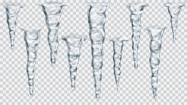 Set of translucent gray icicles on transparent.