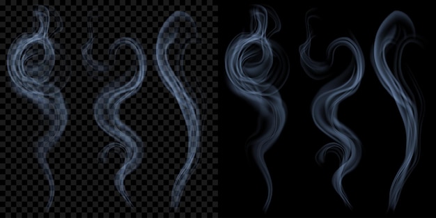 Vector set of translucent light blue smoke on transparent and black background