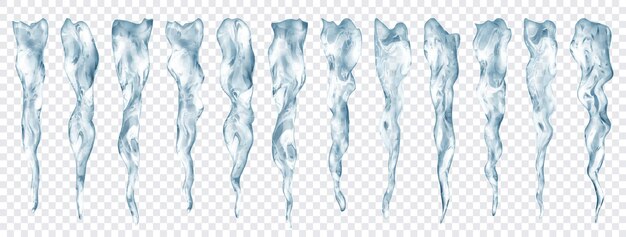 Set of translucent realistic gray icicles of different lengths on transparent background