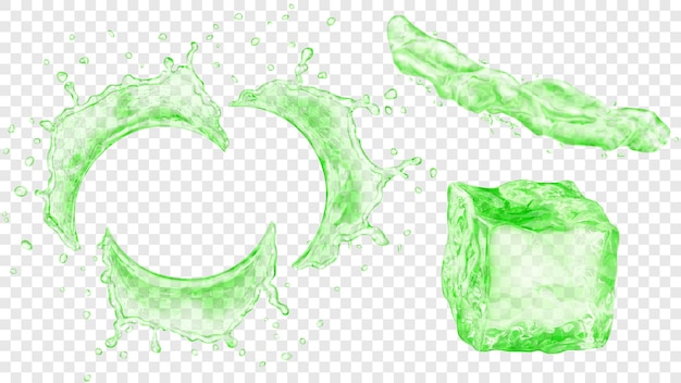 Vector set of translucent semicircular water splashes with drops, jet of liquid and ice cube in green colors, isolated on transparent background. transparency only in vector format