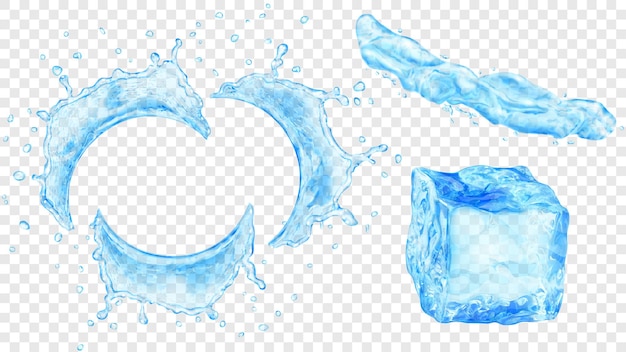 Set di acqua semicircolare traslucida spruzza con gocce, getto di liquido e cubetto di ghiaccio in colori blu chiaro, isolato su sfondo trasparente. trasparenza solo in formato vettoriale