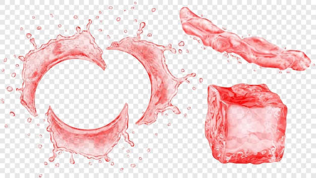 Set of translucent semicircular water splashes with drops, jet of liquid and ice cube in red colors, isolated on transparent background. transparency only in vector format