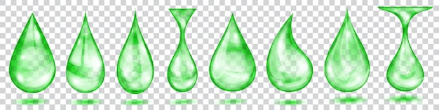 透明な背景に分離された、さまざまな形の緑色の半透明の水滴のセット。ベクトル形式のみの透明度