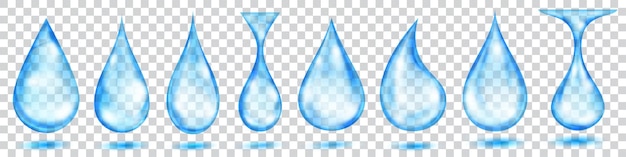 Set of translucent water drops in light blue colors in various shapes isolated on transparent background