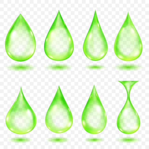 set of translucent water drops in light green colors in various shapes isolated on transparent back