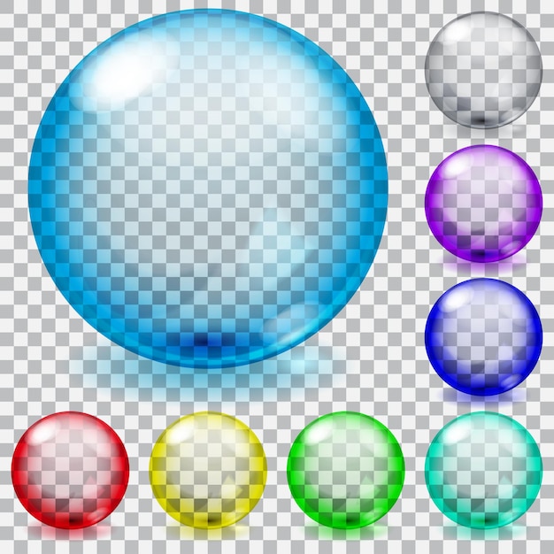 Vector set transparante glazen bollen met schitteringen en schaduwen in verschillende kleuren