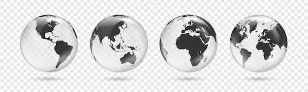 Set of transparent black globes of Earth Realistic world map in globe shape with transparent texture