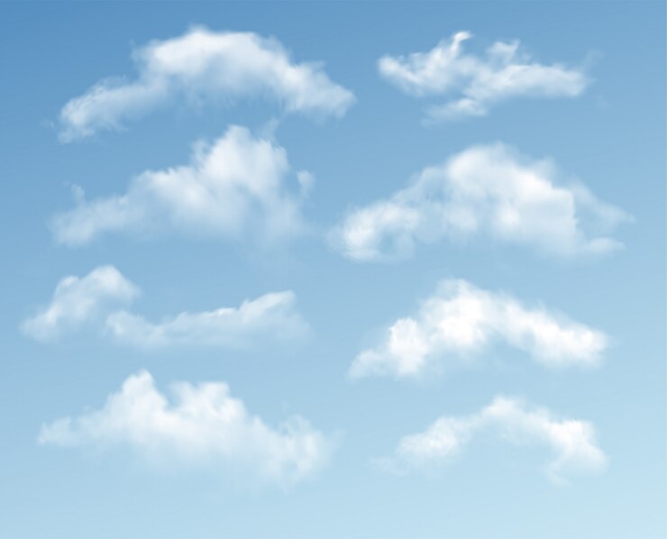 Vector set of transparent different clouds  on blue background. real transparency effect. 