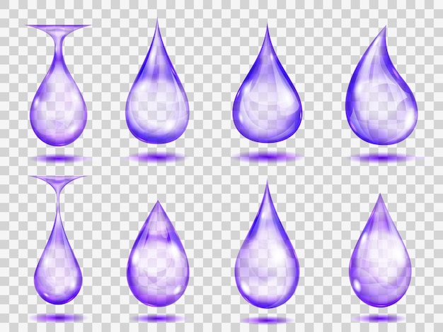 Set of transparent drops in purple colors. transparency only in vector format