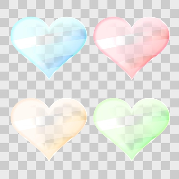 Set of transparent glass hearts on a transparent background