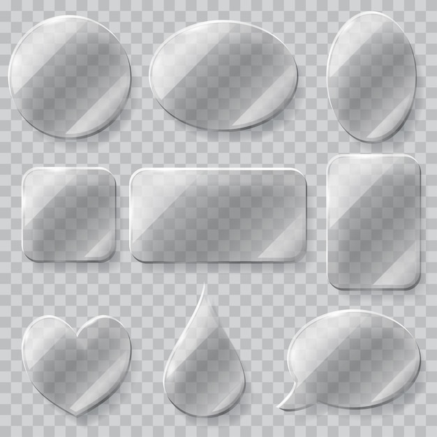 Set of transparent glass plates of different shapes in gray colors.