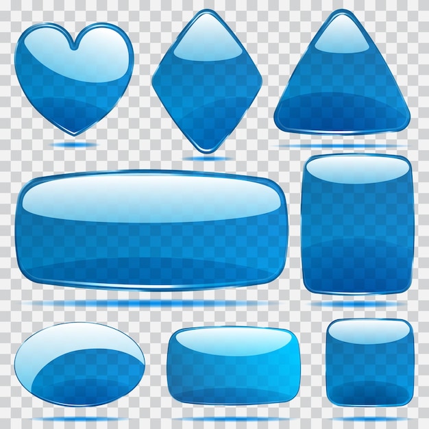 Set of transparent glass shapes in blue colors