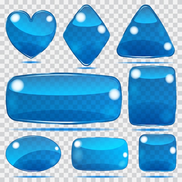 青い色の透明なガラスの形のセット