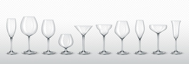 set of transparent glass wine and cocktail glasses