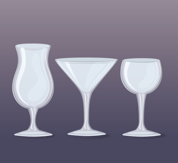 Set of transparent glasses, cups of wine and cocktails