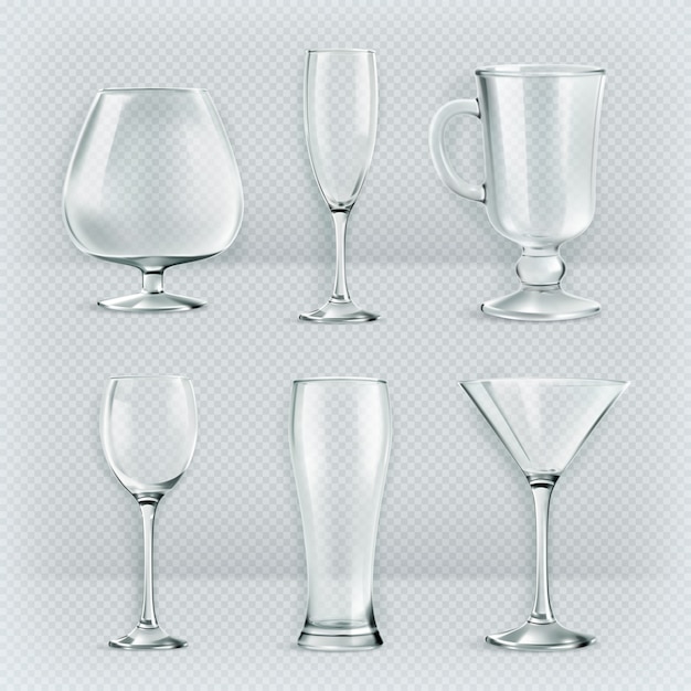 Vector set of transparent glasses goblets, cocktail glasses collection, vector illustration,