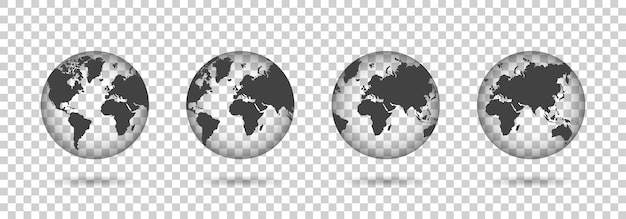 Set of transparent globes Earth transparent style 3d icon with set transparent globes earth Vector illustration