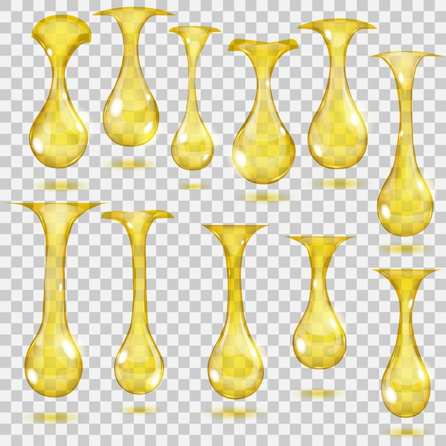 Vector set of transparent hanging drops in yellow colors