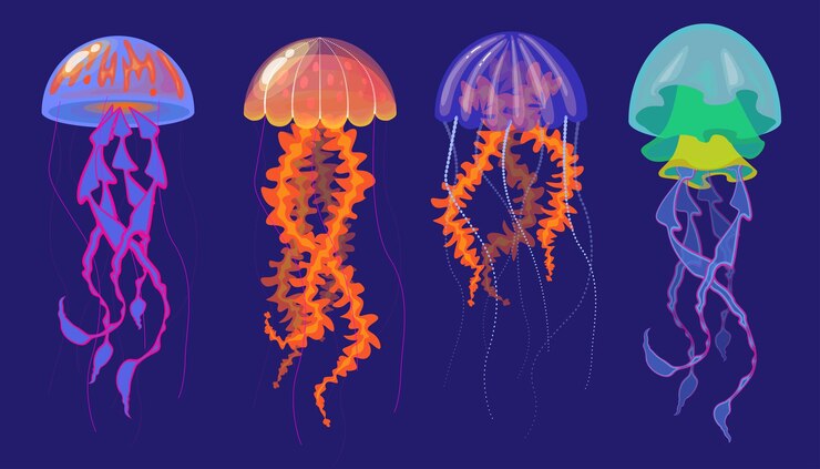 Vector set of transparent jellyfish in cartoon stylevector illustration of sea jellyfish of different species with gelatinous body cap pulling tentacles isolated on dark blue background underwater world