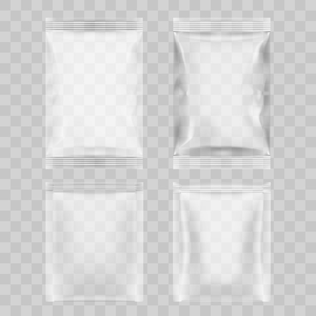Vector set of transparent packaging for snacks chips sugar spices or other food