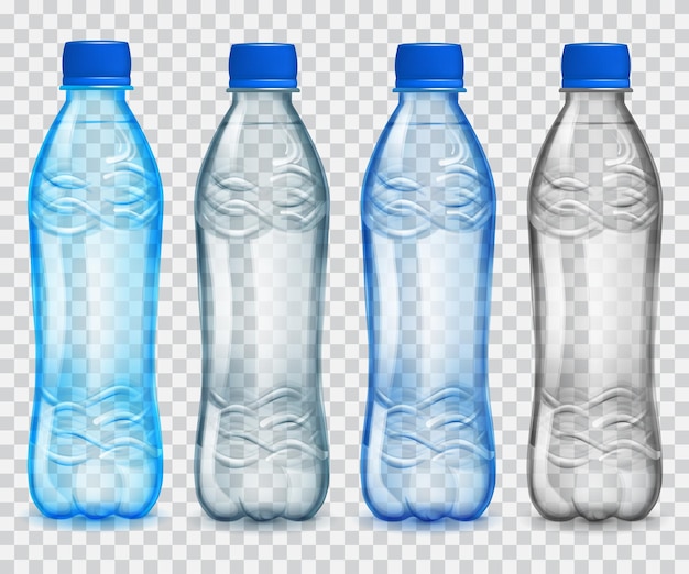 Vettore set di bottiglie di plastica trasparenti con acqua minerale bottiglie nei colori grigio blu e azzurro con tappi blu riempiti con acqua minerale trasparenza solo in file vettoriale