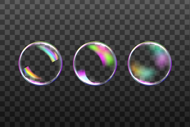 Set of transparent soap bubbles on checkered backgroundReaistic colored ballsVector texture