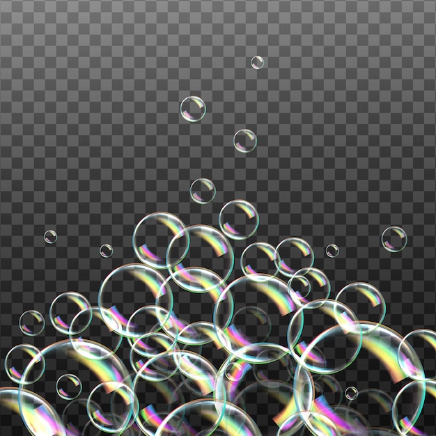 Vector set of transparent soap bubbles on checkered backgroundreaistic colored ballsvector texture