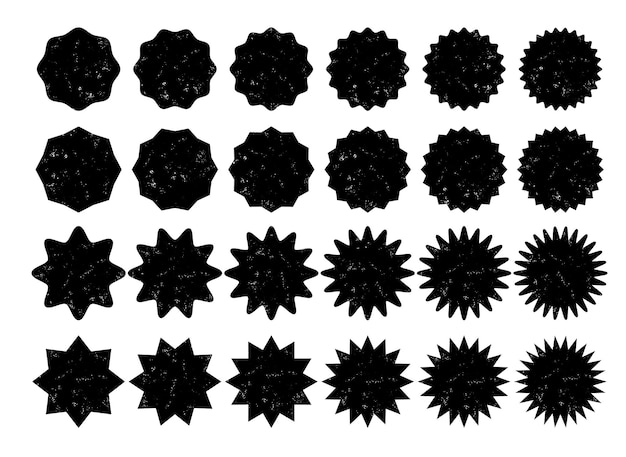 Vector set of transparent star shapes black color and grunge texture sale or discount stickers icons badges stars with different number of rays with round and pointed vertices