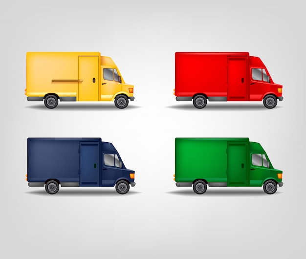 Set di trasporto illustrazione di viaggio. furgone realistico. servizio colore camion. modello di grandi macchine