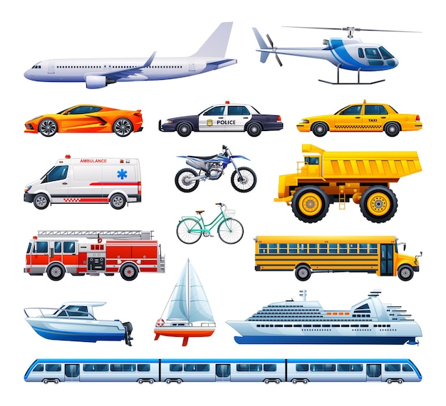 Vettore set di elementi di trasporto collezione di vari tipi di veicoli illustrazione di cartoni animati vettoriali