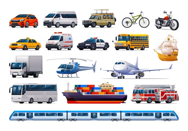 set of transportation vehicles various kinds of vehicles vector cartoon illustration