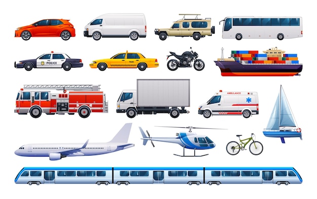 set of transportation vehicles various kinds of vehicles vector cartoon illustration