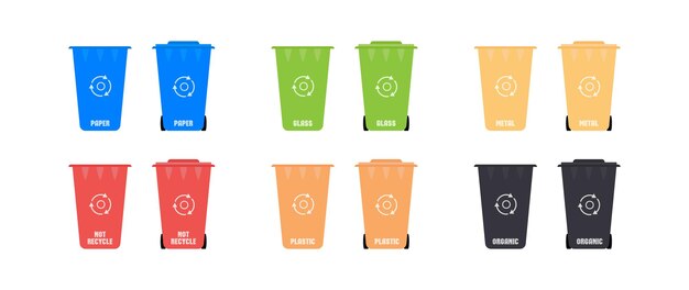 Trash can icon collection. Sorting Bins vector Flat illustration set.  Separation concept. Plastic containers for garbage of different types.  Waste management concept. 32198685 Vector Art at Vecteezy