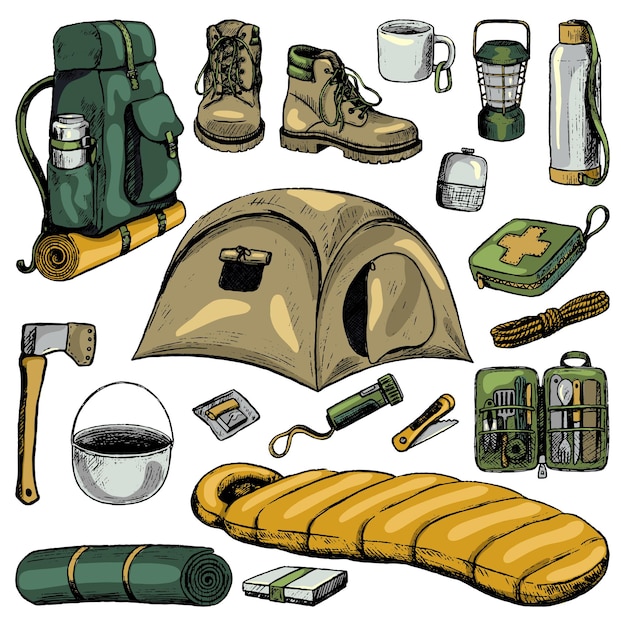 Set di attributi di viaggio, accessori per il turismo. campeggio, collezione di temi escursionistici in stile schizzo. illustrazione vettoriale disegnato a mano. elementi colorati dei cartoni animati isolati su bianco