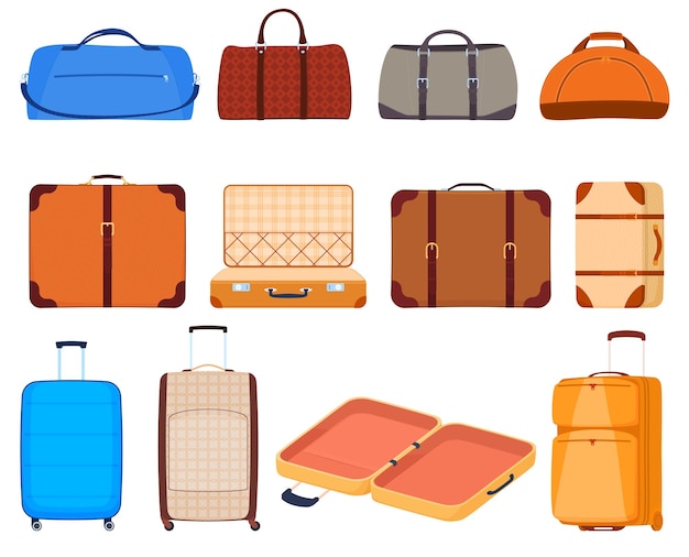 Set of travel bags Travel luggage Packing personal belongings in suitcases bags Vector illustration