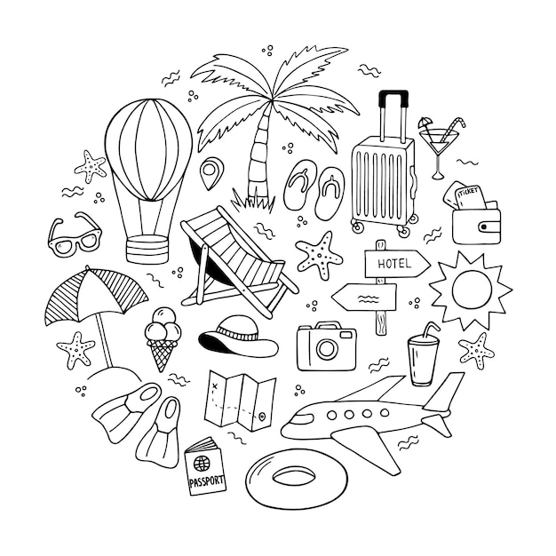 Vettore set di doodle di viaggio turismo e avventura estiva illustrazione vettoriale disegnata a mano isolata su sfondo bianco