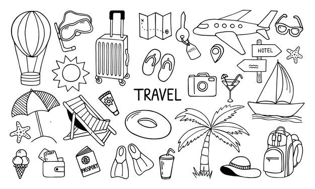 Vector set of travel doodle tourism and summer adventure hand drawn vector illustration isolated on white background