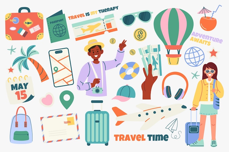 Vector 手書きで描かれた旅行要素のセット