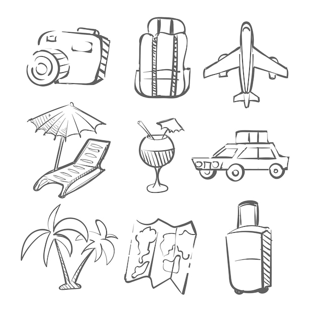 Vector a set of travel elements sketch hand drawn