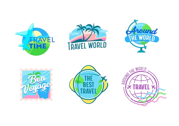 Vector set of travel emblems with airplanes, earth globe, palm trees and postal stamp. icons for traveling agency service or mobile phone application, cartoon vector labels isolated on white background