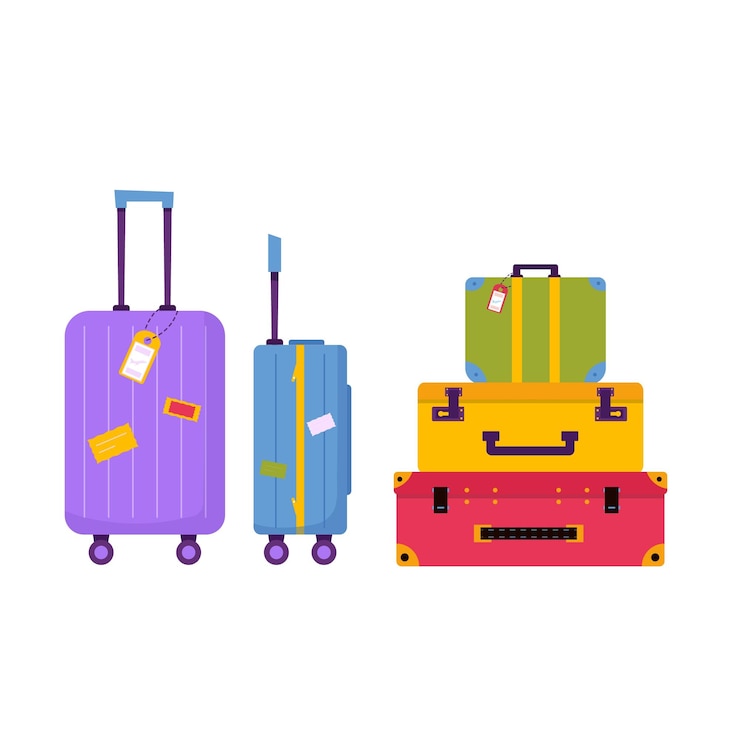 Vector set of travel stuff for adventure tourism travel journey decorative design with tropical leaves shells clothes accessories shoes suitcase baggage for tourism flat cartoon modern vector